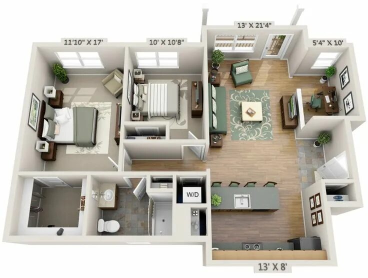 Планировки домов на 8 квартир Home Design Plan 10x13m With 2 Bedrooms 940 Apartment floor plans, Apartment flo