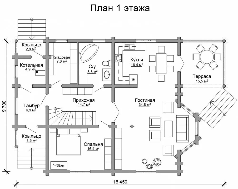 Планировки домов с кладовыми Проект дома из оцилиндрованного бревна "Электросталя" 15x 10 м , 227 м2