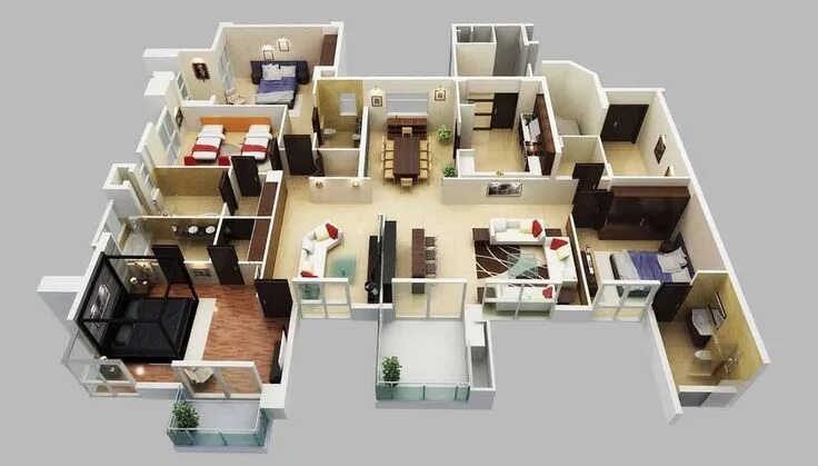Планировки домов с трехкомнатными квартирами 50 Four "4" Bedroom Apartment/House Plans Architecture & Design 4 bedroom house 