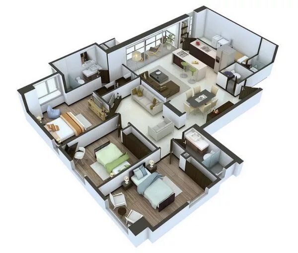 Планировки домов с трехкомнатными квартирами 25 More 3 Bedroom 3D Floor Plans Planos de casas 3d, Planos para construir casas