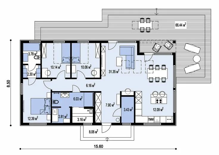 Планировки домов снаружи Mikea 5 (2022) Front 139 кв.м., 1 этажей, 3 спальни, 2 санузла. Проект за 194 60