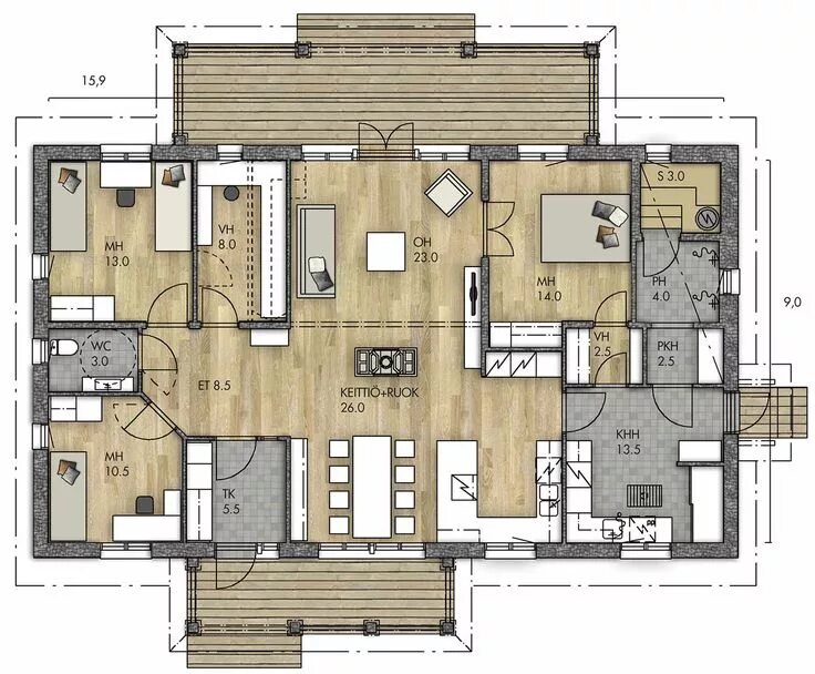 Планировки финских одноэтажных домов RAUHALA 188 - Kannustalo House plans, Floor plans, House design