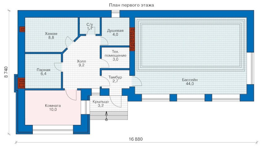 Планировки кирпичных бань Проект кирпичной бани Catalog-Plans-91-11AL (89,9кв. м, 16,88x8,74м, кирпич 510)