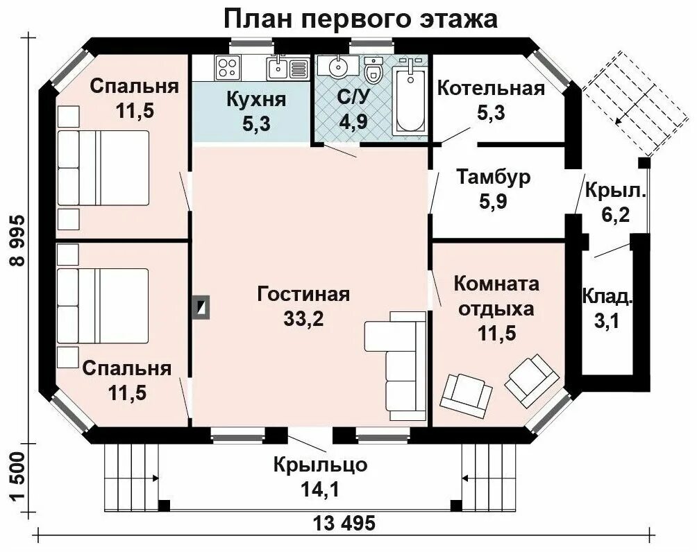 Планировки комнат и котельной дома 119м2, 13х9м) Готовый проект одноэтажного дома из газобетона с котельной и терра