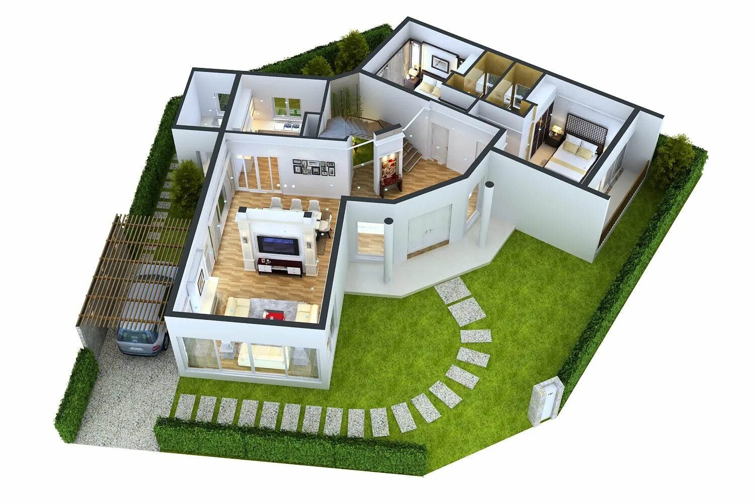 Планировки крутых домов Detailed House floor 1 Cutaway 3D Model Simple house plans, 2 bedroom house desi