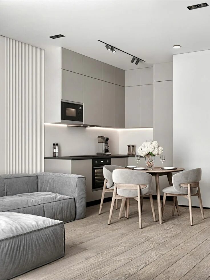 Планировки квартир 2024 Кухня-гостиная светло-серой гамме Decoración de unas, Departamentos, Departament