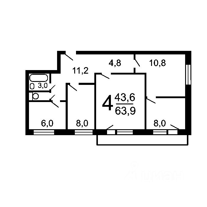 Планировки квартир 515 Купить четырехкомнатную квартиру 64.7м² Совхозная ул., 18К2, Москва, ЮВАО, р-н Л
