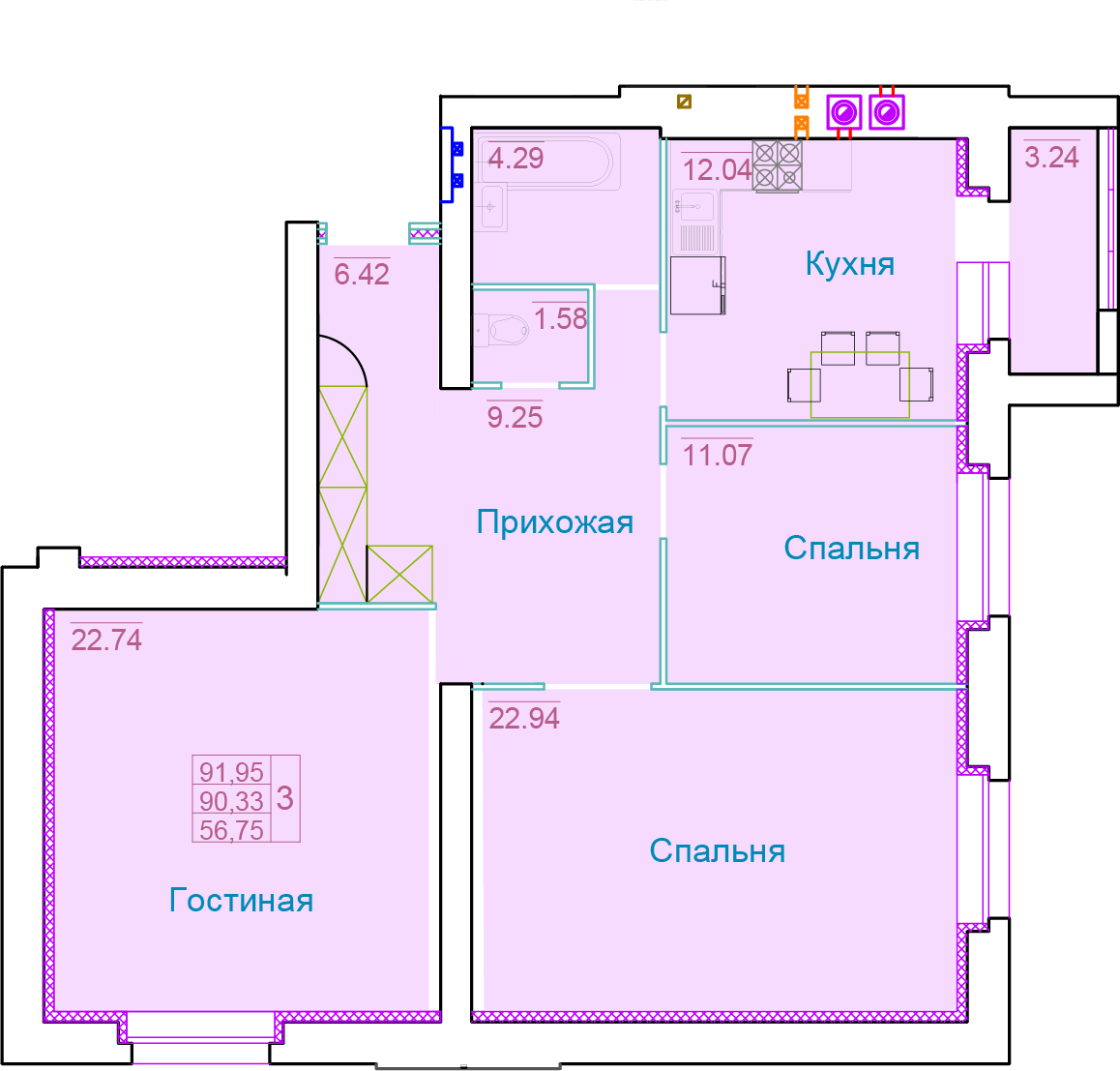 Планировки квартир апатиты Квартира 39, кол-во комнат 3, этаж 1, дом 10 ЖК "Вернадский"