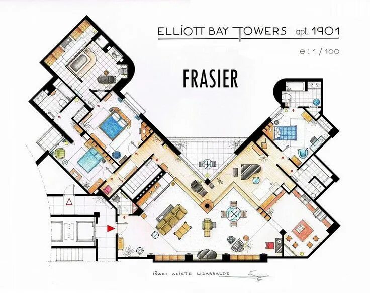 Планировки квартир из сериалов Artist Recreates TV Show Apartments With Intricate Floorplans Desenho de chão, F