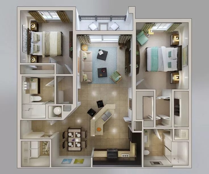 Планировки квартир с двумя санузлами Planos de apartamentos en 3D, diseños modernos Apartment floor plans, Apartment 