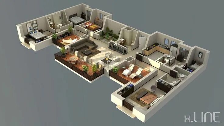 Планировки квартир в современных домах Modern Three Bedroom Apartment with Balcony