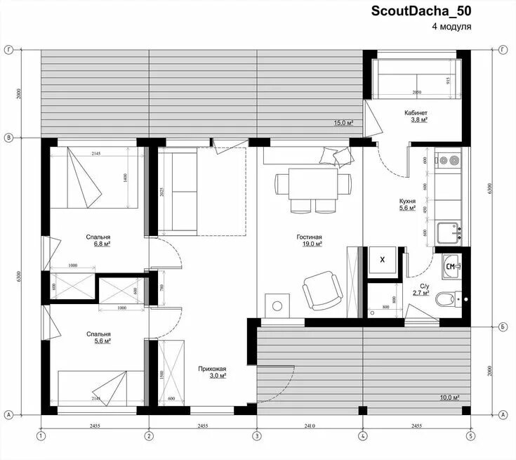 Планировки модульных домов одноэтажных ScoutDacha Бетонная веранда, Стены отделанные деревом, Дом