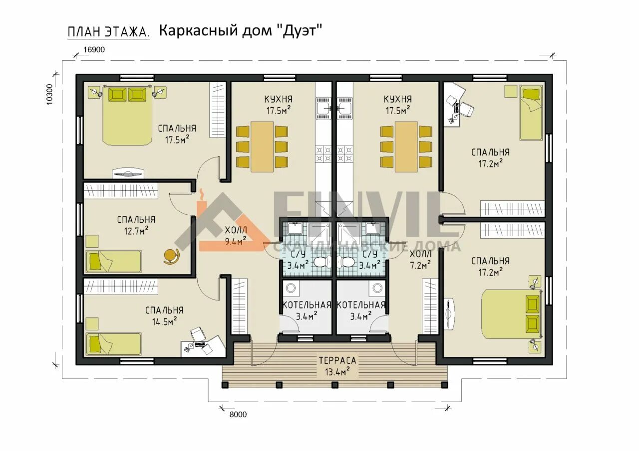 Планировки одноэтажные дуплекс Проект дома на 2 семьи с разными входами - Разделение комнат в проекте идеальног
