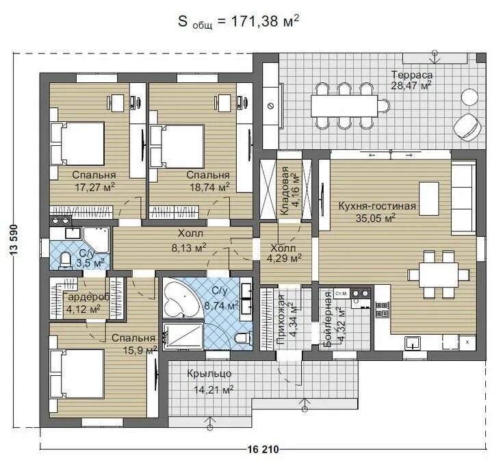 Планировки одноэтажных домов до 150 Лури_171 кв.м homify Планировки, План квартир на этаже, Дом