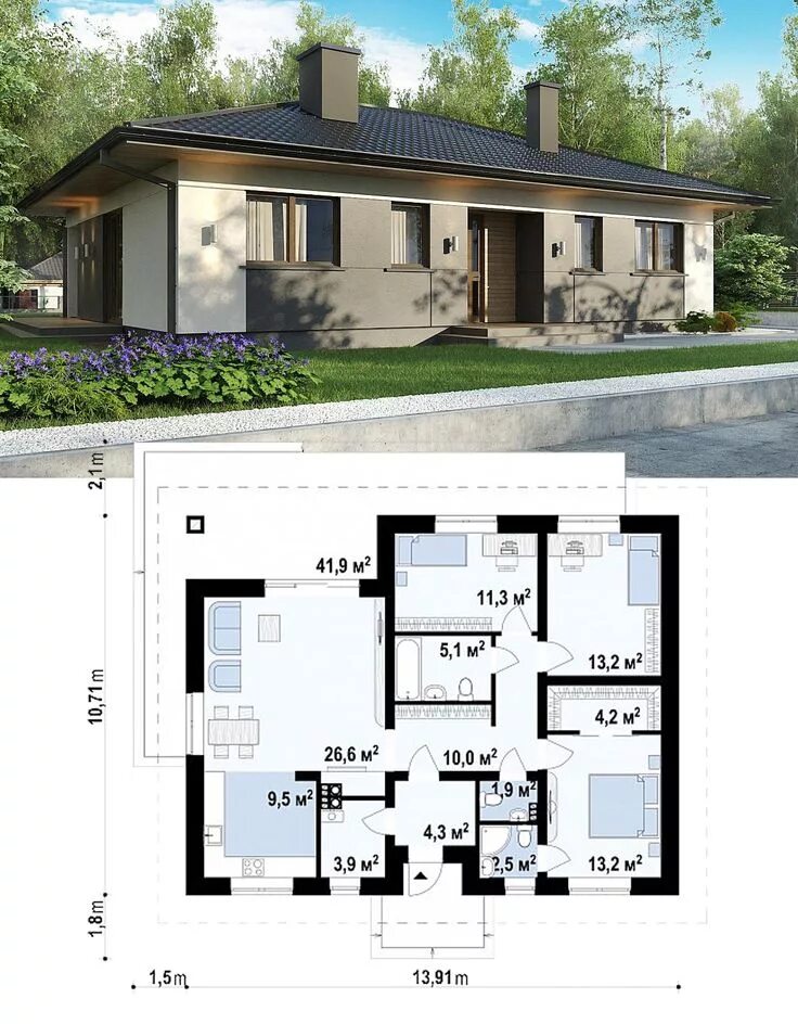 Планировки одноэтажных домов до 150 кв м Проект дома Z368 D Planos de casas, Casas, Casitas