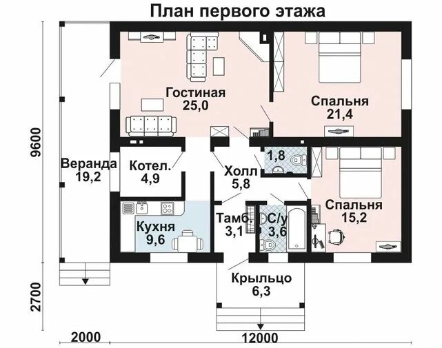 Планировки одноэтажных домов с котельной Проект одноэтажного дома AS-2215 из газобетона с верандой и котельной