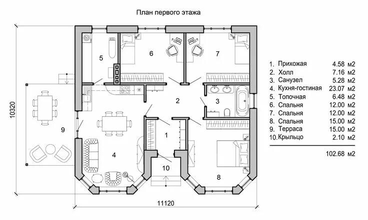 Планировки одноэтажных домов шириной План уютного дома в один этаж площадью 100м2 вариант 1 House design, Floor plans