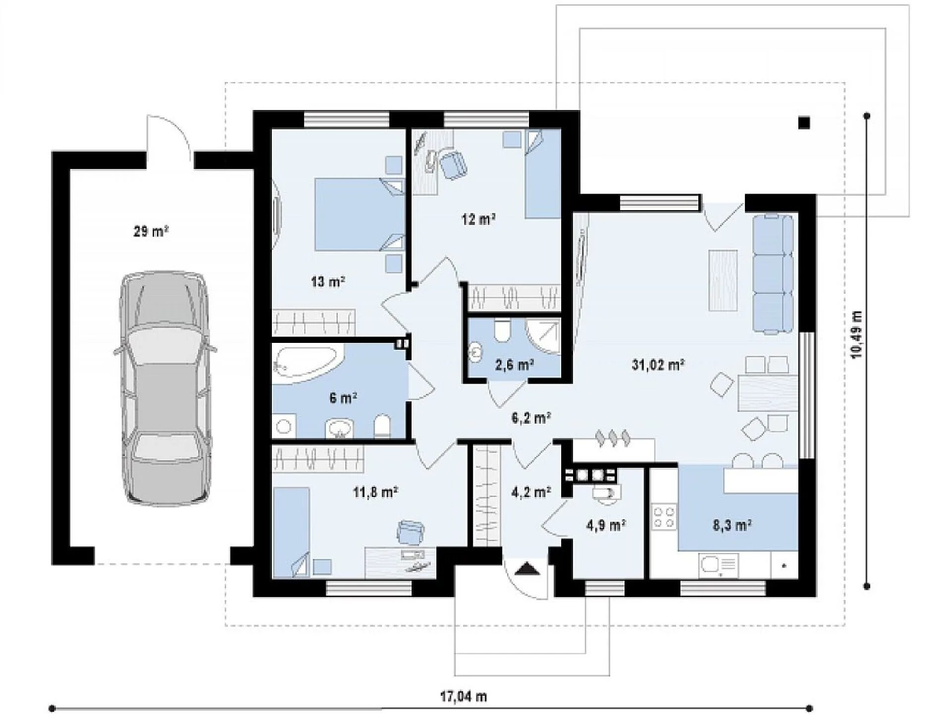 Планировки одноэтажных коттеджей Дом одноэтажный 129 кв.м., проект z273 a l gl