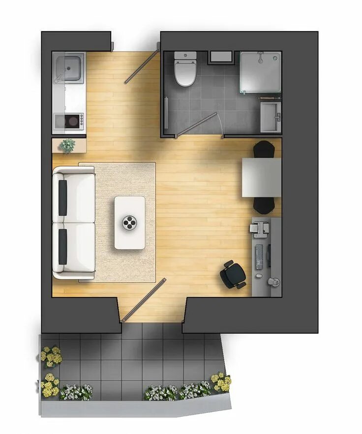 Планировки однокомнатных домов с кухней Floor plan rendering 2D by TALENS3D Tiny house interior, Tiny house design, Smal