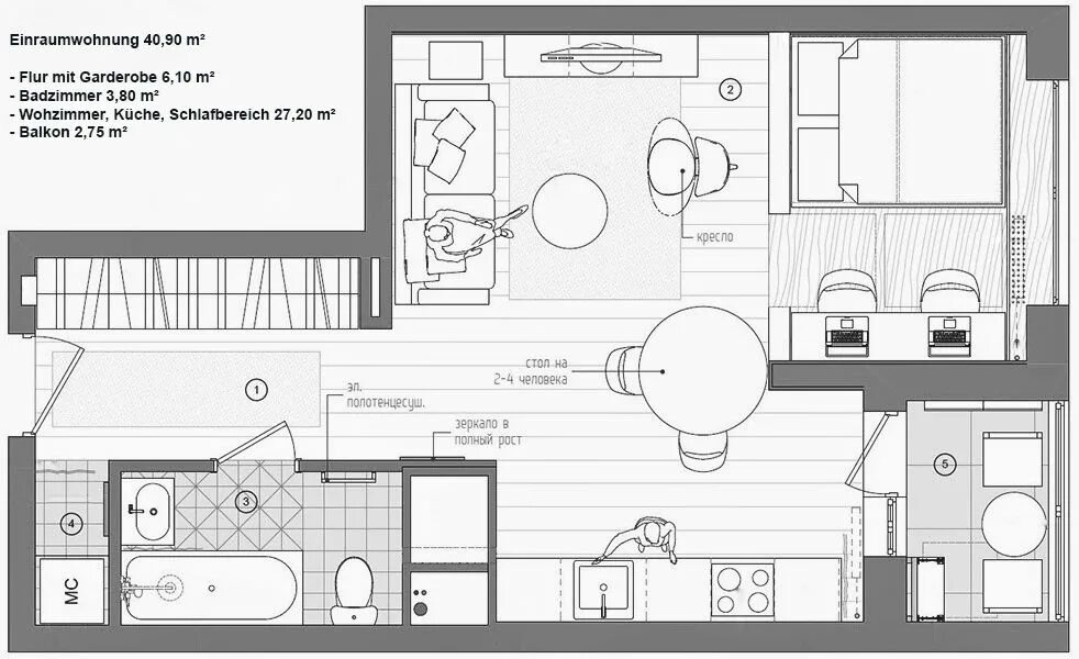 Планировки однокомнатных домов с кухней Kleine Wohnung modern und funktionell einrichten - fresHouse Studio apartment fl
