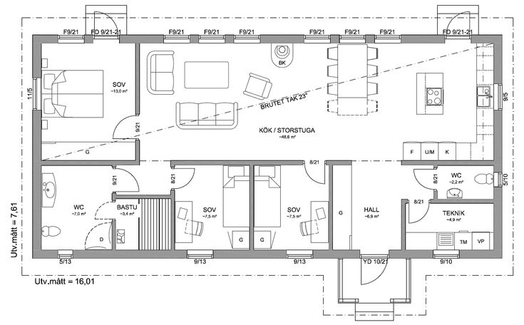 Планировки шведских домов Sandhamn 23-122 - Fritidshus från Hudikhus Husritningar, Enplanshus, Planlösning