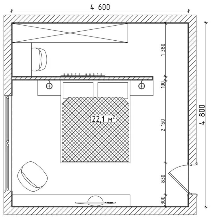 Планировки спален 15 кв 22 qm großes Schlafzimmer mit doppelbett mitten im zimmer postioniert vor tv Gro