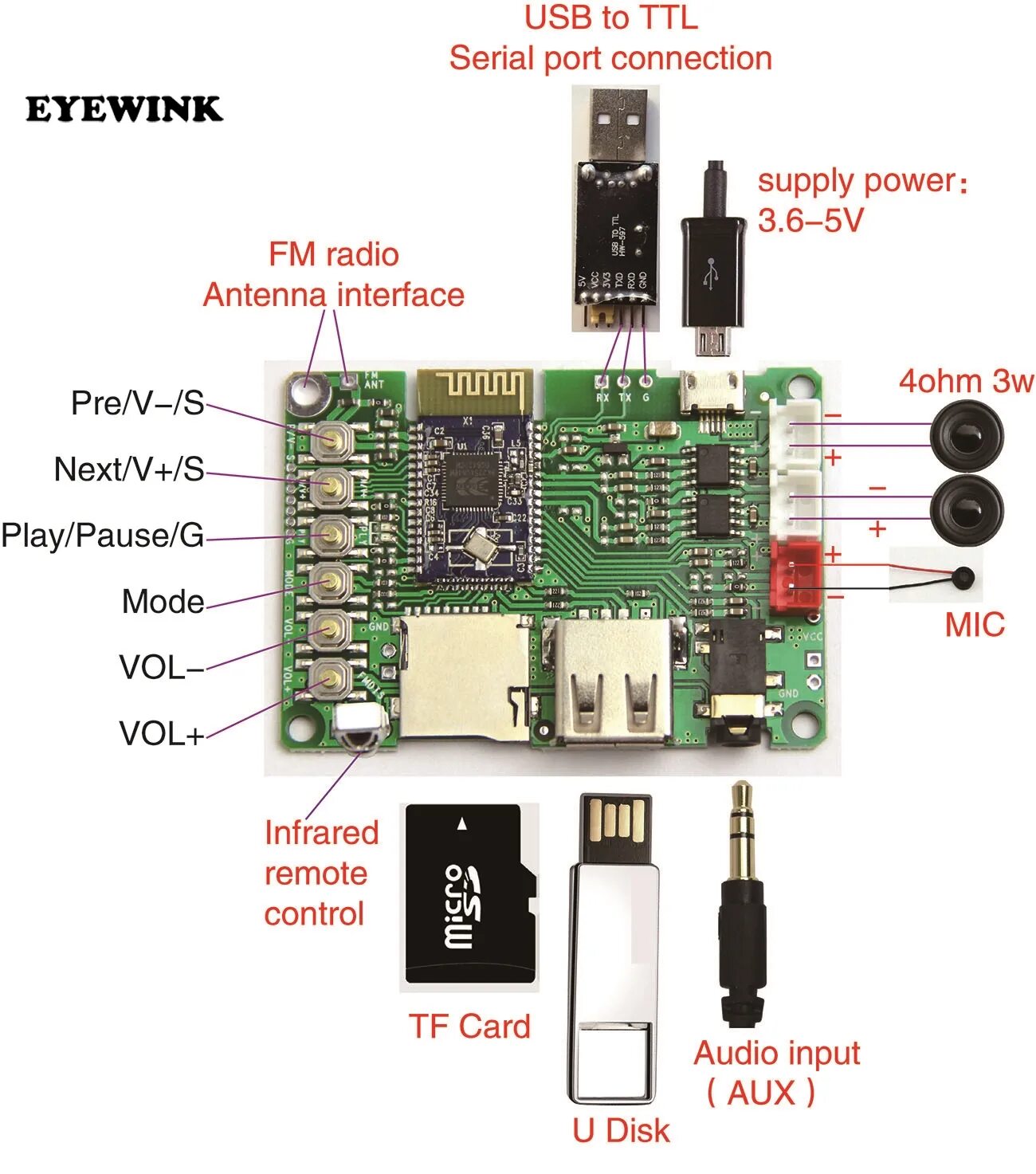 Плата блютуз как подключить Dual 3W Bluetooth Amplifier Board V4.1 Stereo BK3254 Bluetooth Module FM Radio/T