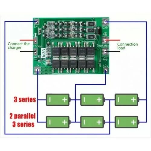 Плата для подключения датчиков Контроллер заряда Li-ion аккумулятора BMS 3S 12V 60А