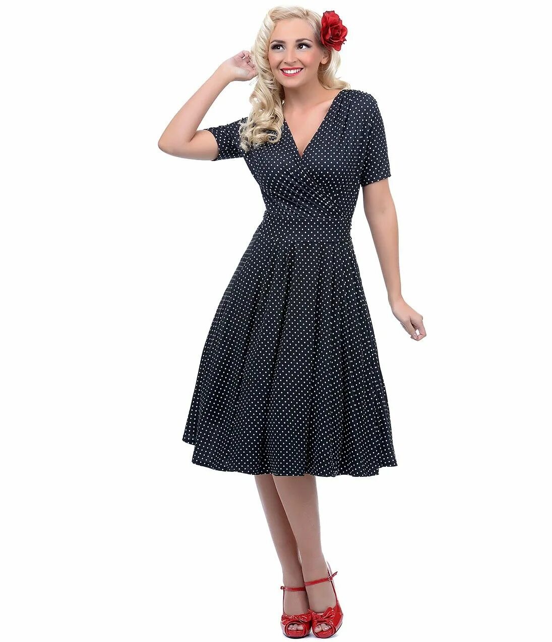 Платье 50 фото Unique Vintage 50s Style Black & White Dotted Dolly Wrap Dress threads Dresses, 