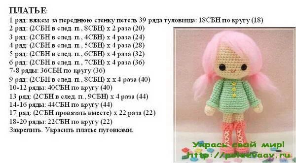 Платье амигуруми схемы и описание крючком Muñeca de crochet, Amigurumi, Croché