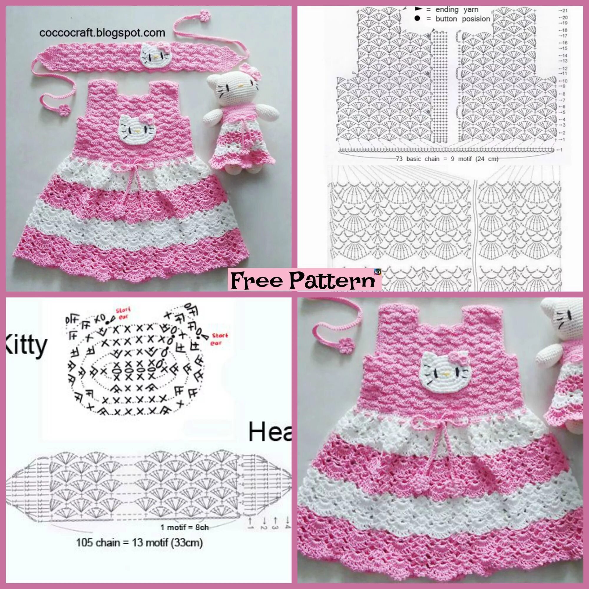 Платье амигуруми схемы и описание крючком Crochet Hello Kitty Dress & Amigurumi - Free Pattern #freecrochetpattern #dress 