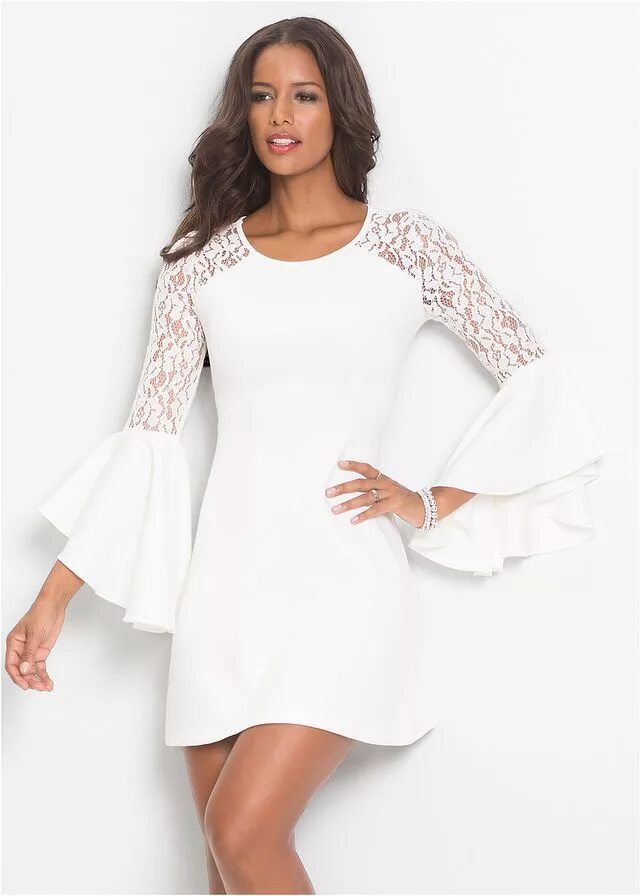Платье белое с рукавами фото Sukienka z falbanami i koronką Piękna * 129.99 zł * bonprix Dress, Women, Fashio