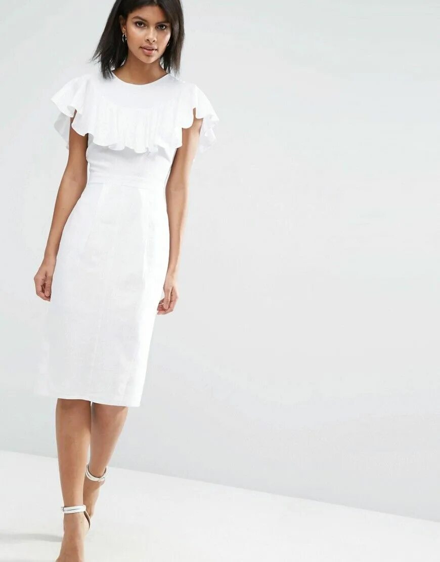 Платье белое цена фото ASOS TALL Wiggle Dress in Linen with Frill Detail at asos.com Wiggle dress, Asos