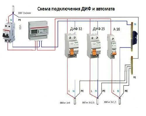 Подключение автомата 16а схема Подключение дифавтомата - назначение, основные схемы подключения с заземлением и