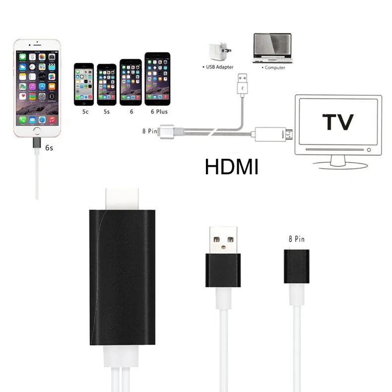 Подключение айпада к телевизору через hdmi 10pcs/lot Hi Q 8pin and USB to Male HDMI Cable FullHD 1080p HDTV Adapter For iPh