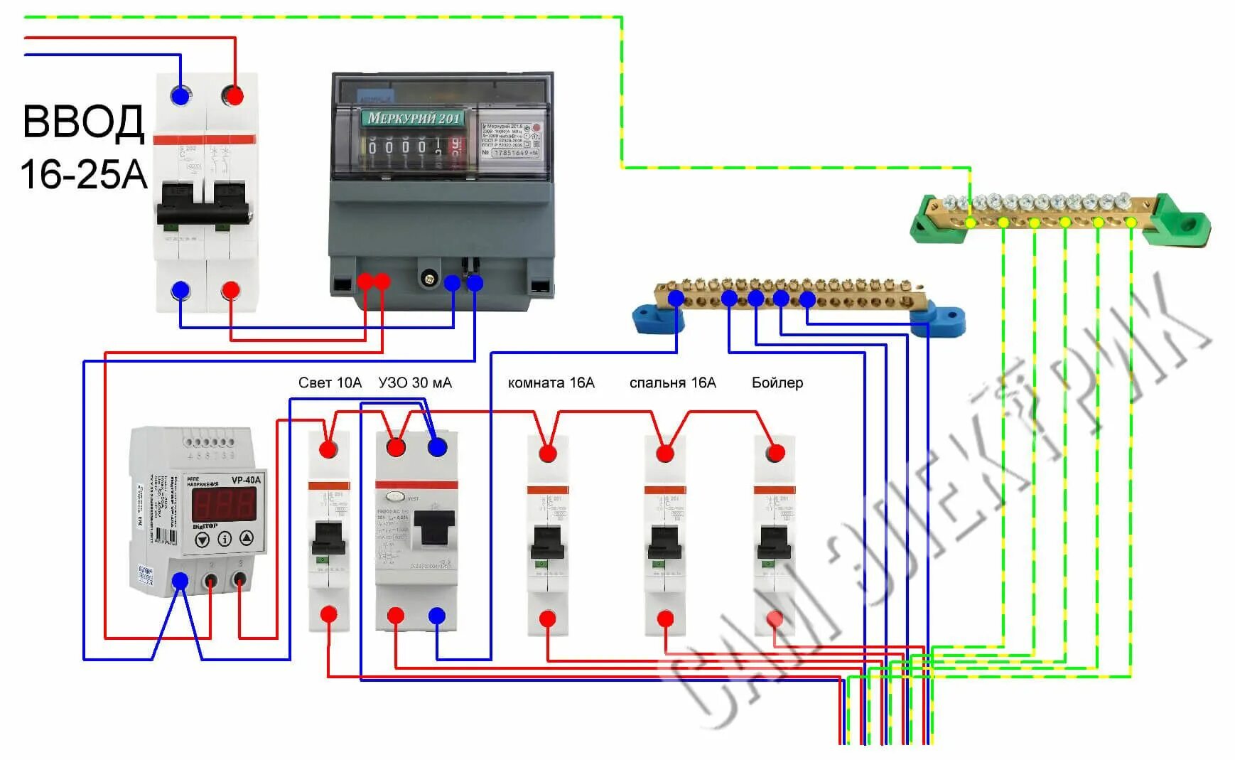 Подключение счетчика электроэнергии и автоматов 1-фазный электрощит с заземлением Электропроводка, Электрика, Распределительный 