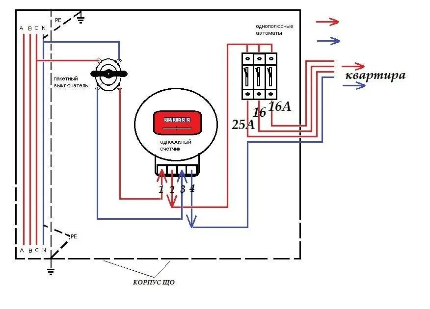 Подключение счетчика в квартире Подключение однофазного электросчетчика - схема подключения