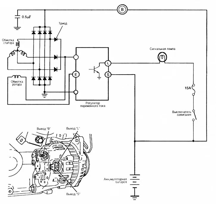 Подключение щеток генератора схема Schemat elektryczny generatora (Kia Avella 1994-2000: Silnik i systemy: Akumulat