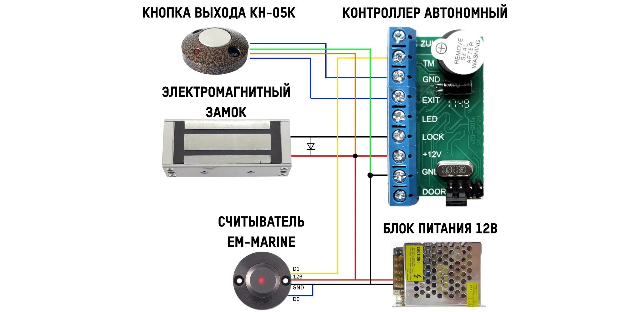 Подключение считывателя и кнопки выход Комплект для контроля доступом калиткой дверью с электромагнитным замком бесконт