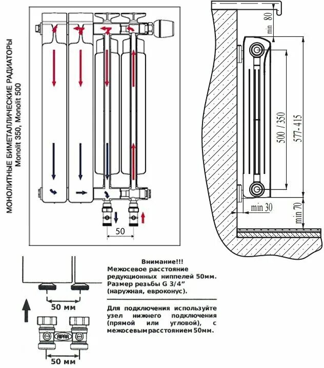 Подключение секционного радиатора Радиатор биметаллический Rifar Monolit Ventil MVR 500 нижнее правое подкл, 6 сек