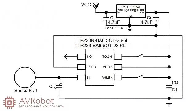 Подключение сенсорного датчика TTP223-BA6 микросхема сенсорного выключателя, SOT23-6L цена купить 3051 - Микрос