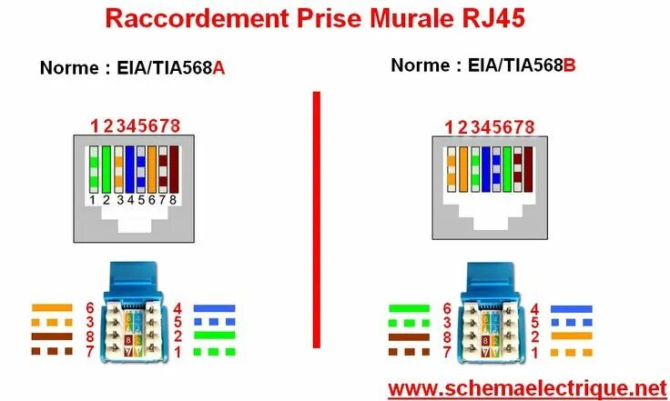 Подключение сетевой розетки schéma de branchement prise RJ45 téléphone -câblage les différents types câble e