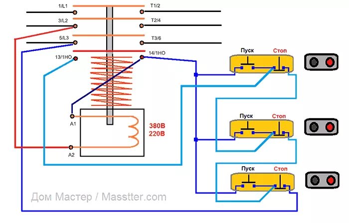 Подключение сетевых кнопок схема Подключение пускателя (контактора) с двух мест