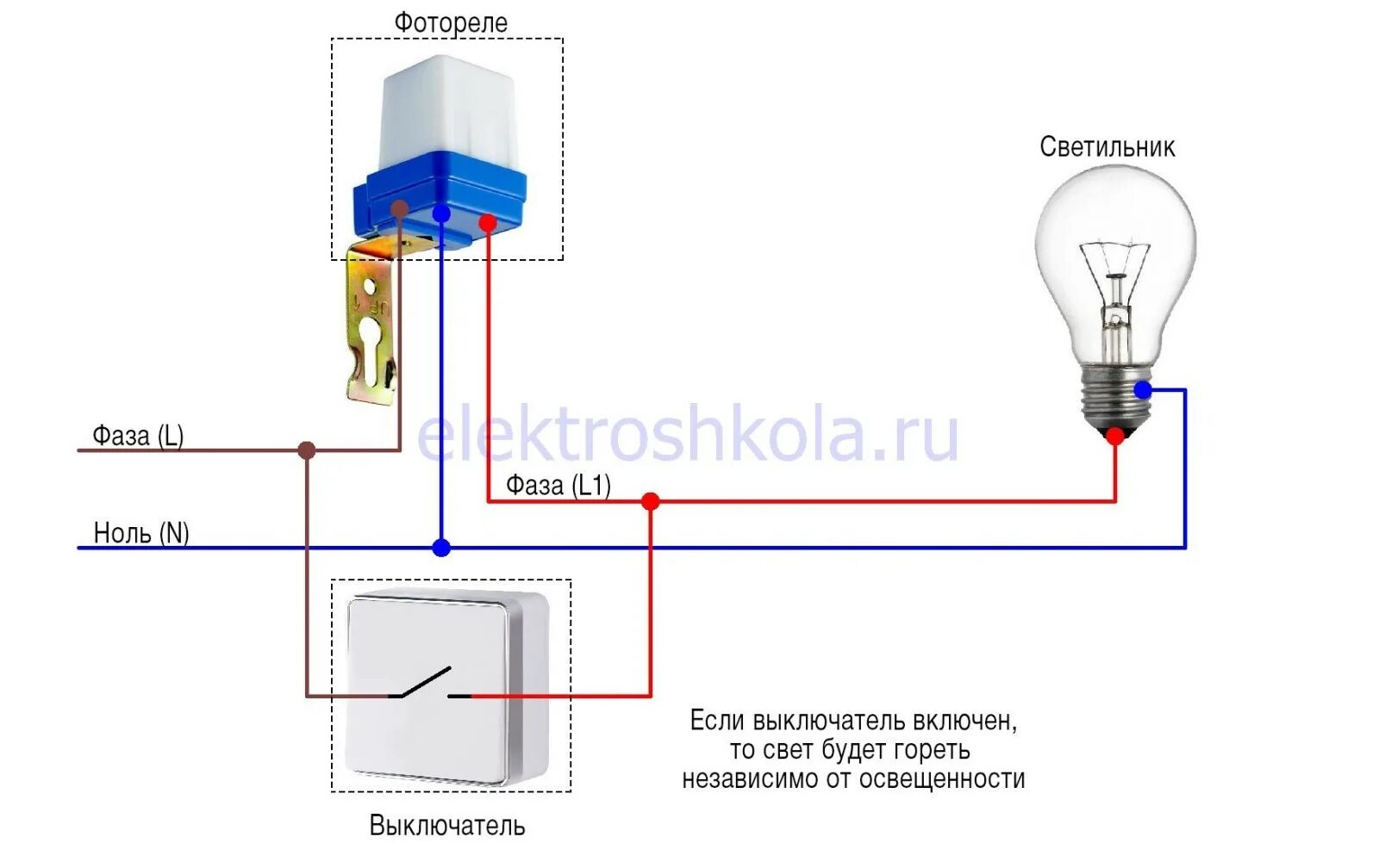 Подключение сети через выключатель Датчики автоматического управления освещением