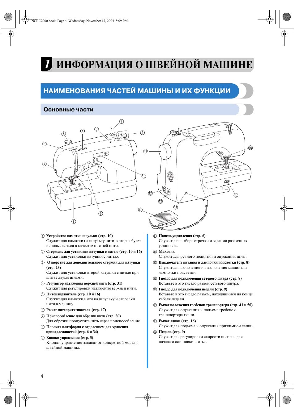 Подключение швейных машин Информация о швейной машине, Наименования частей машины и их функции, Основные ч