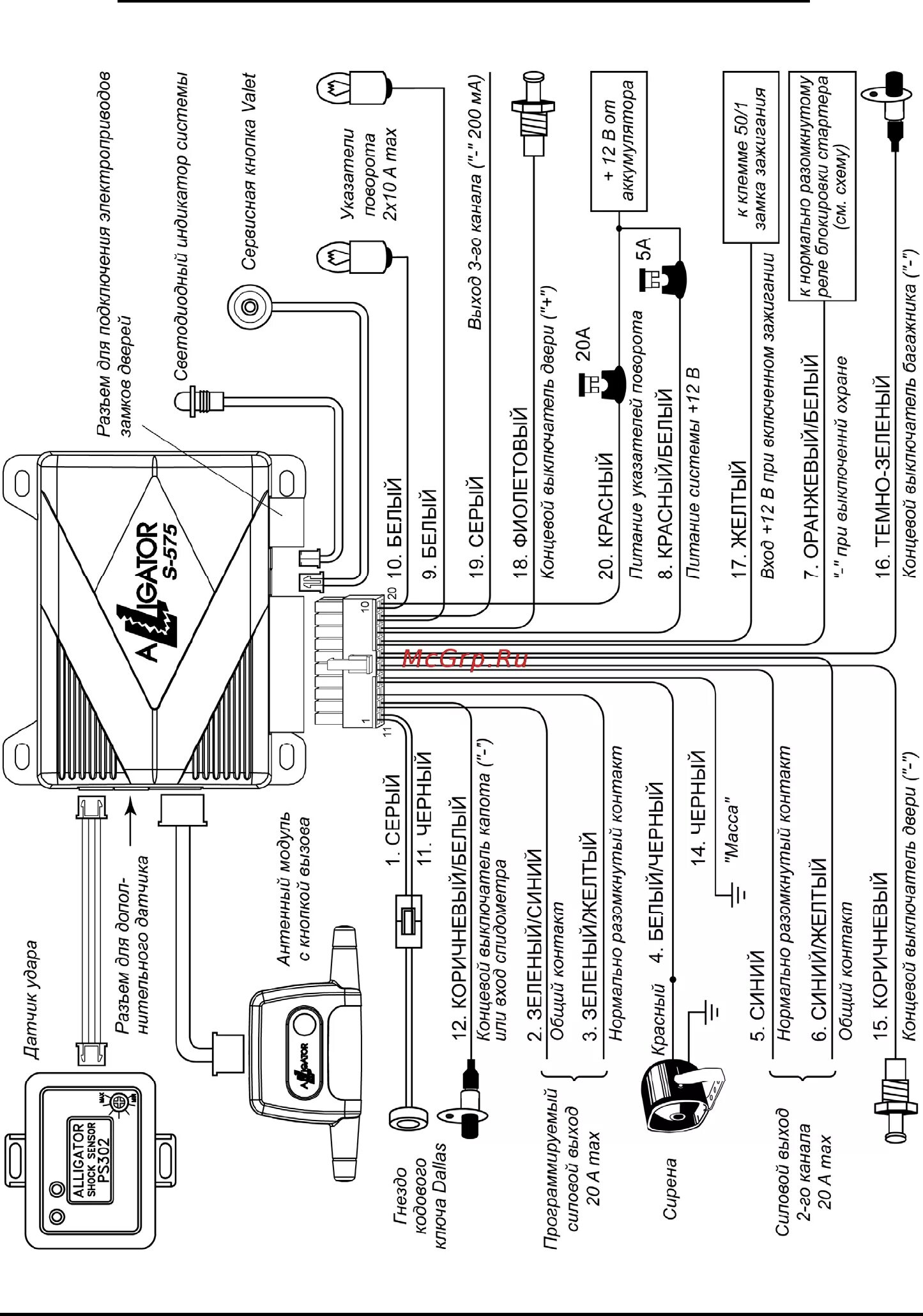 Подключение сигнализации alligator Alligator S-550 ver.2 40/76 Схема подключения основного блока alligator s 575