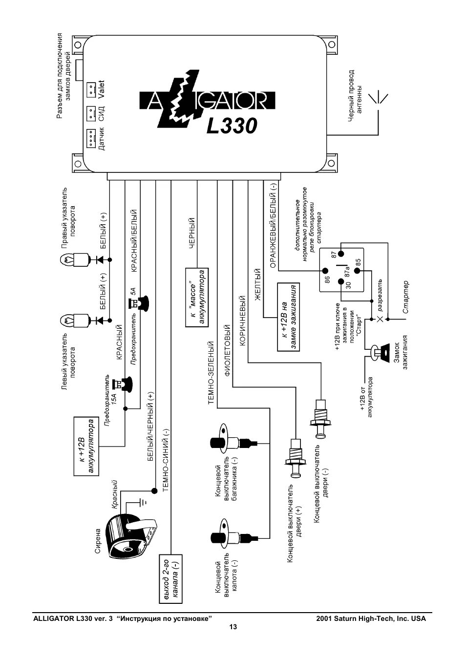Подключение сигнализации аллигатор м Инструкция по эксплуатации Alligator L330 Страница 13 / 17