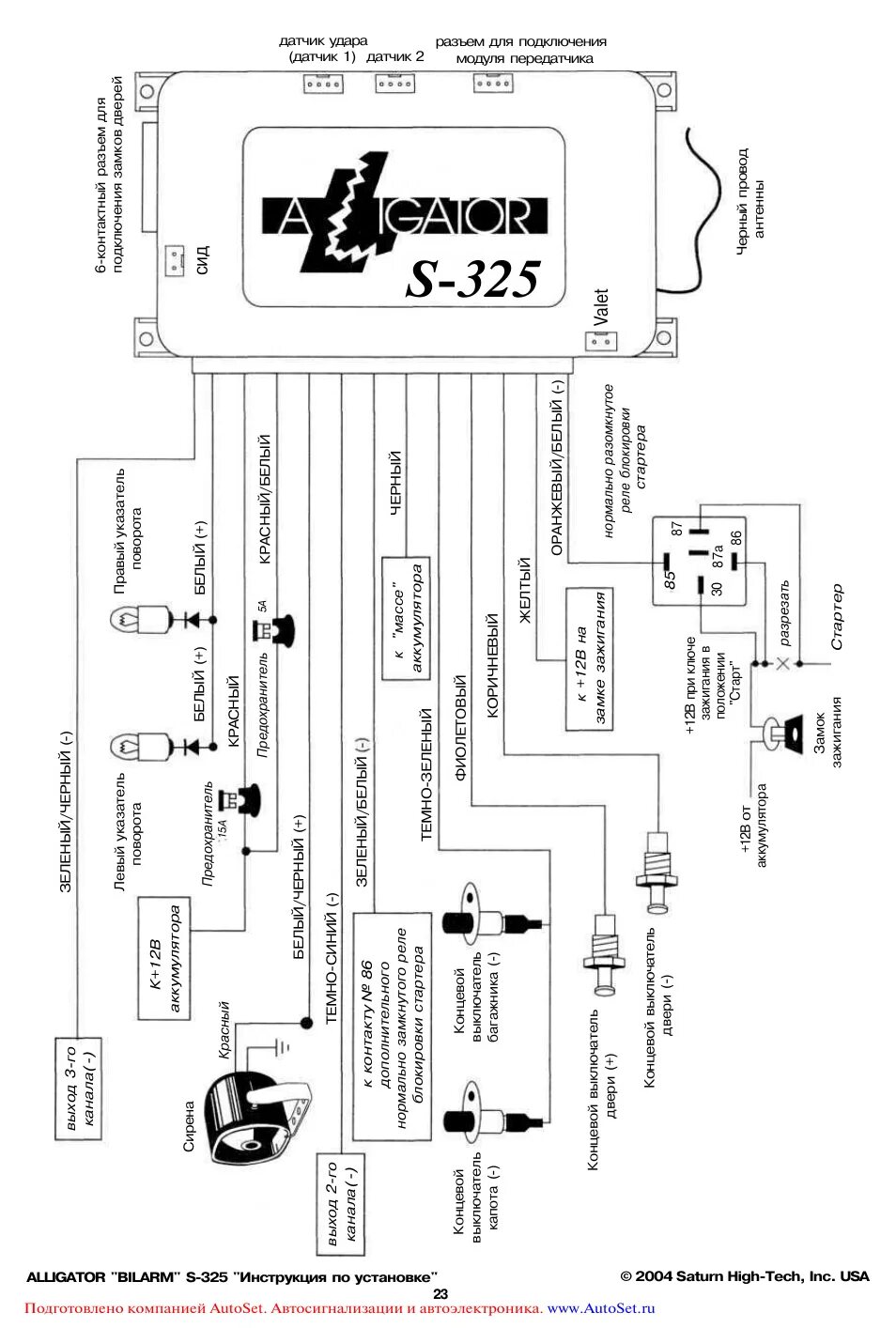 Подключение сигнализации аллигатор s S-325, Си д vale t Инструкция по эксплуатации Alligator S-325 Страница 23 / 27