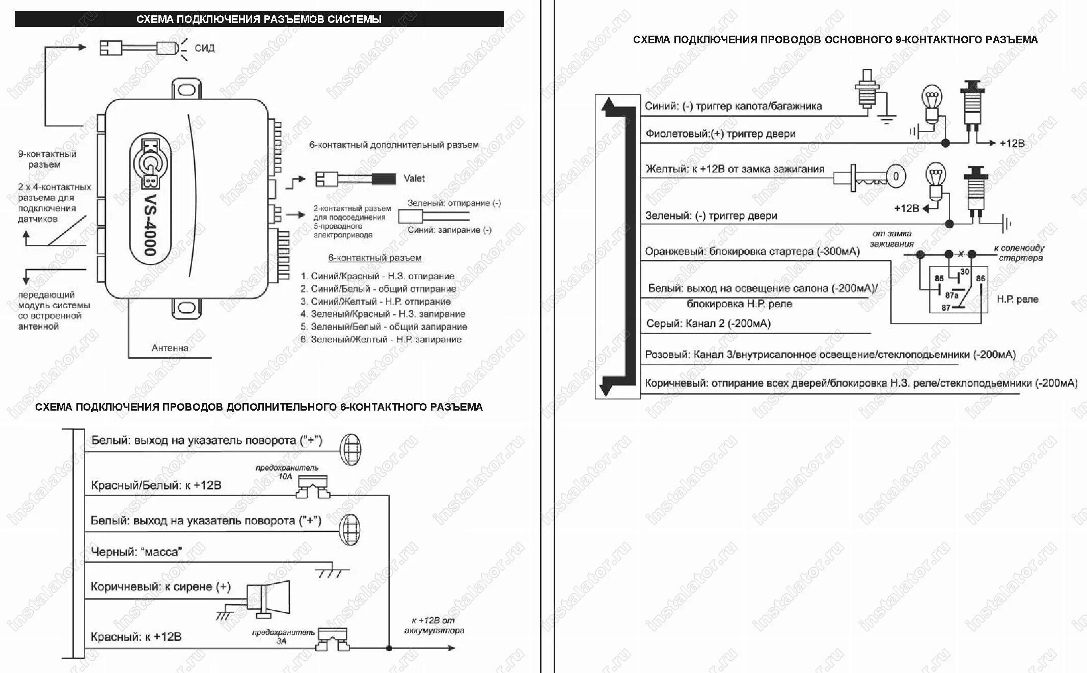 Подключение сигнализации kgb Схема подключения сигнализации KGB VS-4000