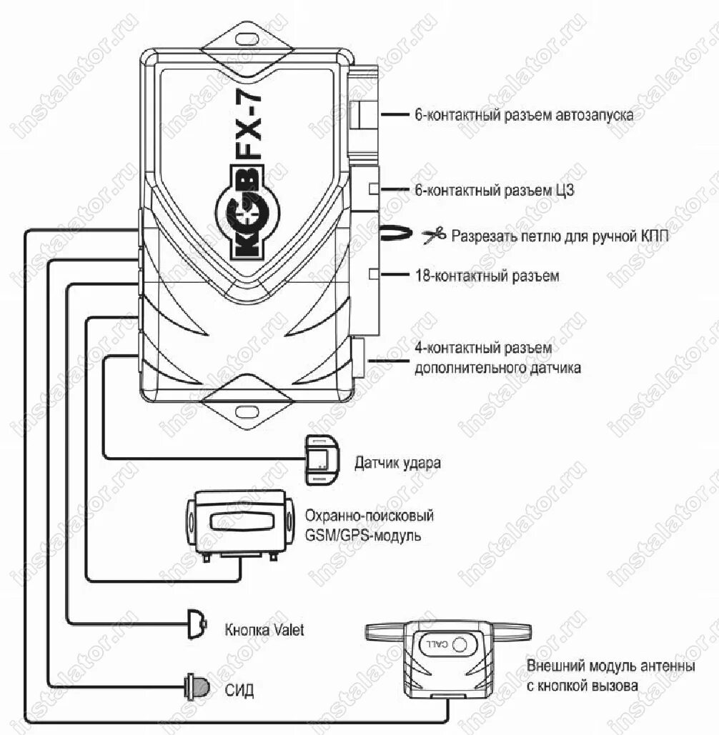 Подключение сигнализации kgb Схема подключения сигнализации KGB FX-7